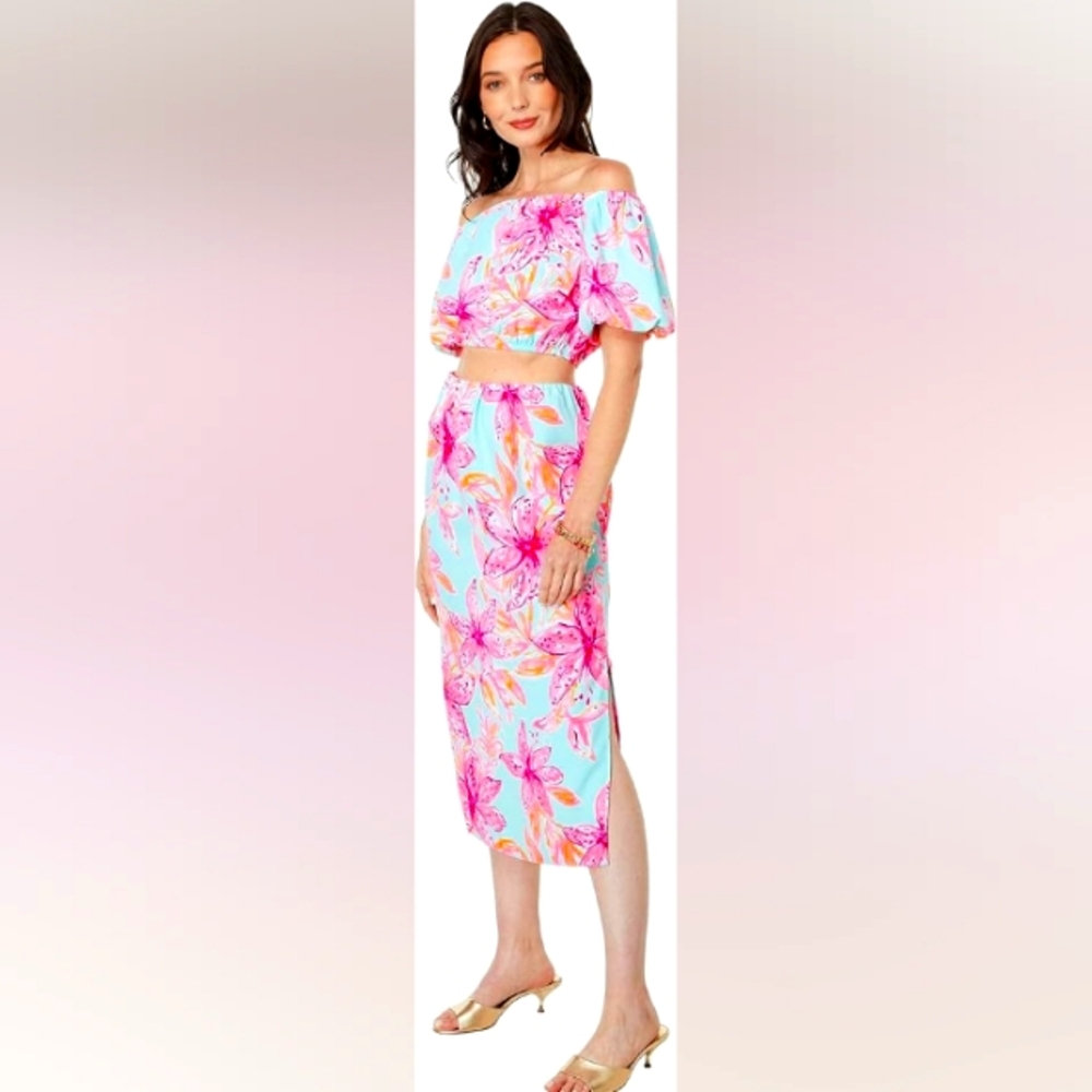 LILLY PULITZER Esmeray Set Surf Blue Bonita Blooms Skirt Puff Sleeve Crop Top